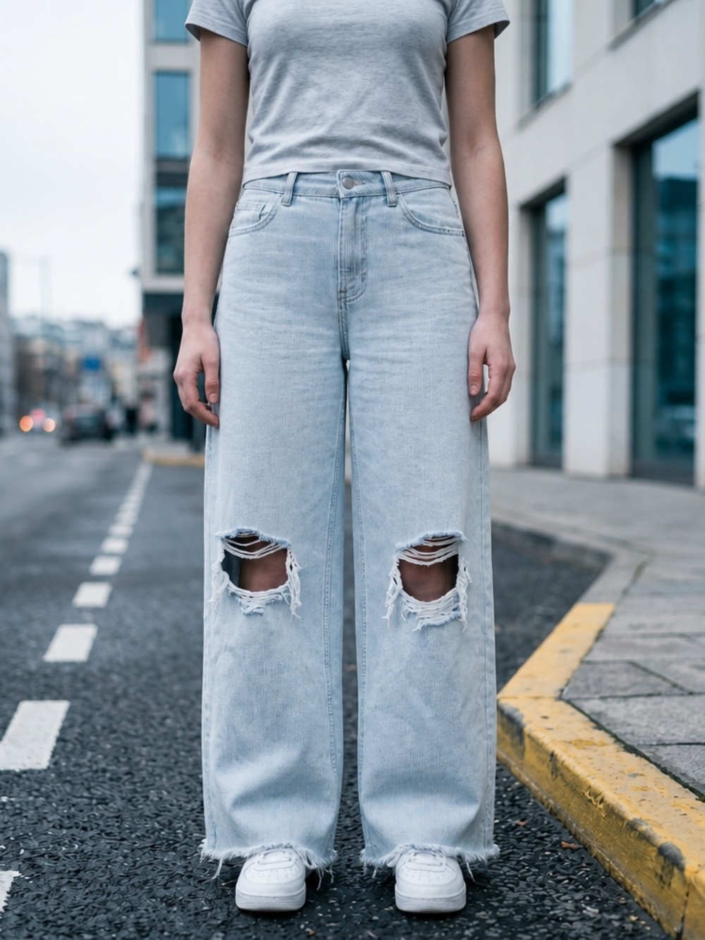 High-Rise Light Blue Distressed Wide-Leg Jeans